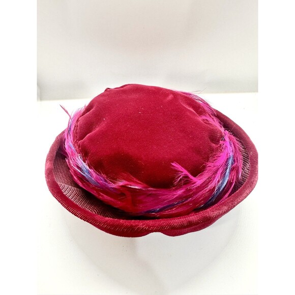 Vintage Red Velvet Feather Cocktail Hat Union Made Mid Century Church - Picture 7 of 12